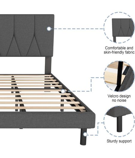 Double Bed Frame, Dark Grey, Upholstered Wooden Slat Bed Frame with Headboard