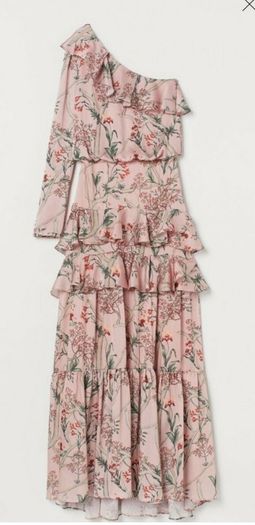 H&M Johanna Ortiz Silky Pink Floral One Shoulder Ruffle Maxi sz12