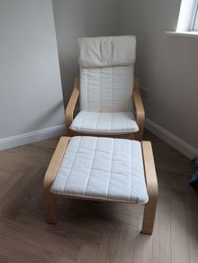 PONG Armchair and footstool, birch veneer, white