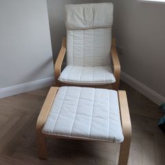 PONG Armchair and footstool, birch veneer, white