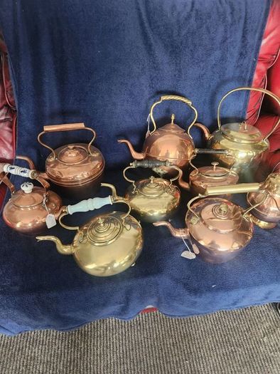 Vintage brass and cpper kettles. polished and beautiful.