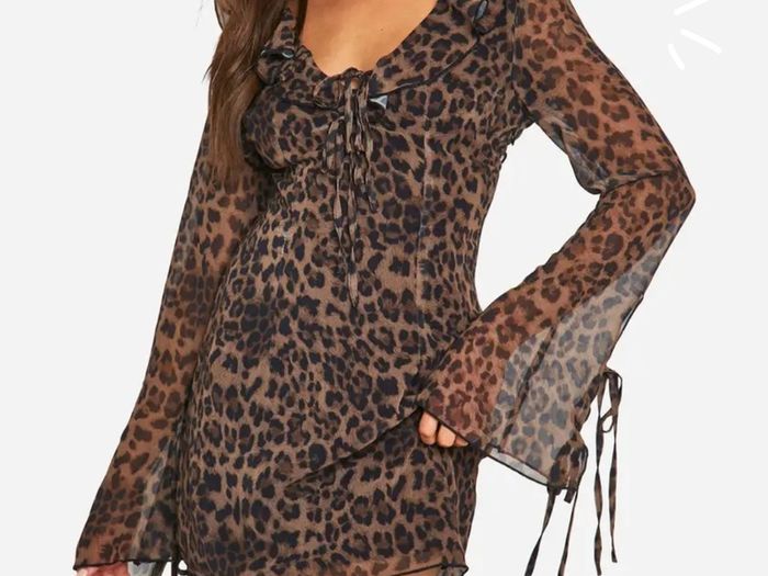 Boohoo Brown Black Leopard Y2K Grunge Tie Front V Neck Flared Mini Dress 16UK/44EU