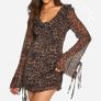 Boohoo Brown Black Leopard Y2K Grunge Tie Front V Neck Flared Mini Dress 16UK/44EU Image 3
