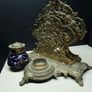 Antique Victorian Inkwell Set  Ornate Brass & Hand Painted Glass c. late 1800s Image 5