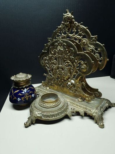 Antique Victorian Inkwell Set  Ornate Brass & Hand Painted Glass c. late 1800s
