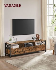 lowboard for TVs up to 80 inches, 178 cm long, TV table with 3 drawers, 3 open compartments, 40 x 178 x 50 cm, living room, steel frame, vintage brown-black
