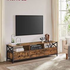 lowboard for TVs up to 80 inches, 178 cm long, TV table with 3 drawers, 3 open compartments, 40 x 178 x 50 cm, living room, steel frame, vintage brown-black