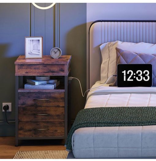 Bedside Table with Charging Station, Side Table with 4 Drawers, 2 AC Outlets, 1 USB-A, 1 Type-C, Nightstand for Bedroom, Living Room, Rustic Brown and Black