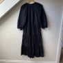 Iris & Ink Black Organic Cotton Tiered Midi Dress V Neck Balloon Sleeve Cottagecore Boho Image 4