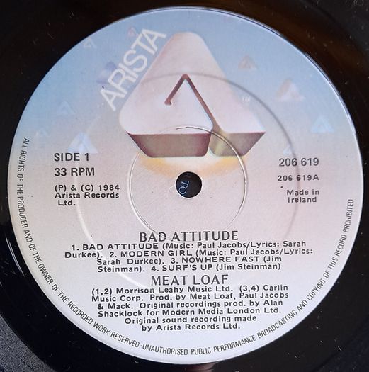 Meat Loaf Bad Attitude Irish Pressing Vinyl Rock