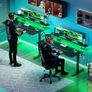 Standing Desk, 120cm U Shaped Height Adjustable Desk with Monitor Stand, Electric Sit Stand Rising Table with Sockets, Gaming Computer Table with LED Light for Home Office Workstation, Black Image 2