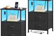 Bedside Table Set of 2 with Charging Station and LED Light, Small Bed Side Table for Bedroom Dorm Kids Room Closet, 2 Drawers Bedside Cabinet with 2 Outlets and 2 USB Ports, Black