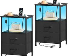 Bedside Table Set of 2 with Charging Station and LED Light, Small Bed Side Table for Bedroom Dorm Kids Room Closet, 2 Drawers Bedside Cabinet with 2 Outlets and 2 USB Ports, Black