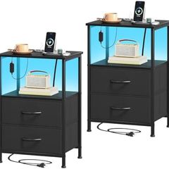 Bedside Table Set of 2 with Charging Station and LED Light, Small Bed Side Table for Bedroom Dorm Kids Room Closet, 2 Drawers Bedside Cabinet with 2 Outlets and 2 USB Ports, Black