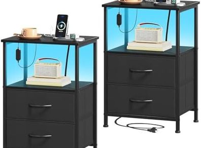 Bedside Table Set of 2 with Charging Station and LED Light, Small Bed Side Table for Bedroom Dorm Kids Room Closet, 2 Drawers Bedside Cabinet with 2 Outlets and 2 USB Ports, Black