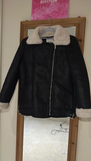 Zara Kids Black Faux Shearling Biker Jacket - Size 13-14 Yrs / 164 cm