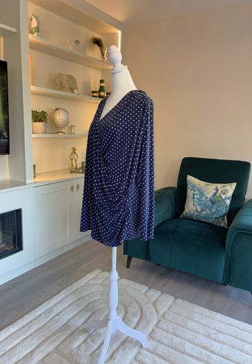 Navy Blue White Polka Dot Print V Neck Ruched Faux Wrap Top Blouse from So Fabulous