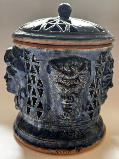 Rare Michael Kennedy Studio Pottery River of Ireland For-Faced Lidded Jar