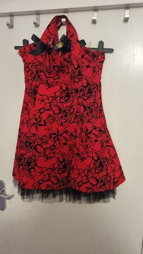 Red Rockabilly Tattoo Print Dress with Tulle Hem