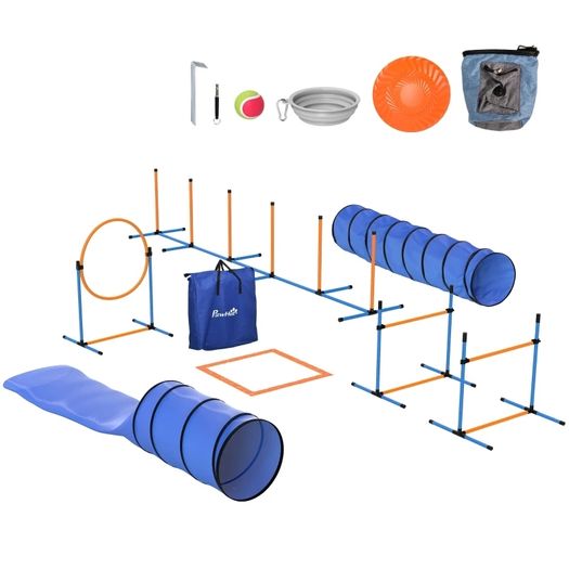 Dog Agility Set 11-piece Agility Equipment for Dogs with 2 Tunnels Adjustable Height Jump Ring & Hurdles Weave Pole