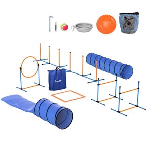 Dog Agility Set 11-piece Agility Equipment for Dogs with 2 Tunnels Adjustable Height Jump Ring & Hurdles Weave Pole