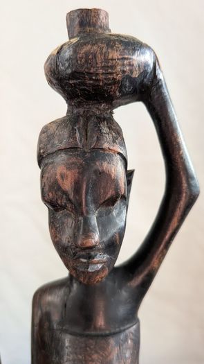 African Wooden Figures Pair Warrior Spear Water Carrier Hand Carved