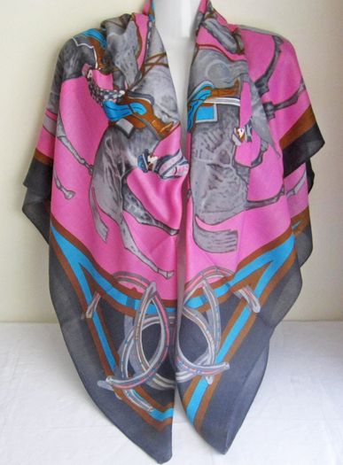 Pink Large Ladies Light Scarf Wrap Shawl Kerchief with Horse Hooves Riders Print