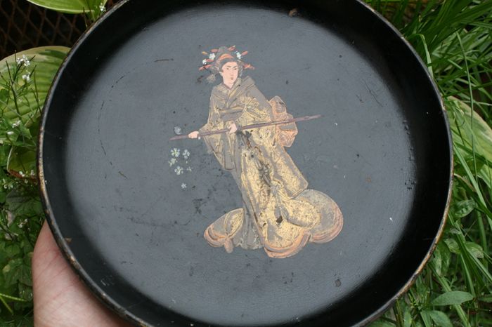 19th Century English Chinoiserie Papier Mache Wine Coaster Tray and Mid 19th Century English Victorian Period Papier Mache Tray with Mother-of-Pearl