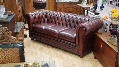 Oxblood Leather Chesterfield Three-Seater Sofa