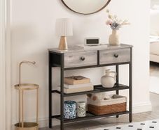 Console Table, Slim Console Table with 2 Drawers, Hallway Table with Storage, Side Table, Slim Sofa Table for Small Spaces, Living Room, Entryway, Kitchen, Greige and Black