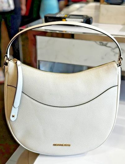 Unwanted gift Michael Kors Dover Lg Half-moon Hobo Pebbled Leather Shoulder Bag Light Cream