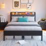 Double Bed Frame with Storage Headboard,Charging Station,LED Lights,4ft6 Metal Platform Upholstered Bed Frame Double Bed,for 135 x 190 cm Mattress,Strong Steel Slat Support/Noise Free/Black Image 4