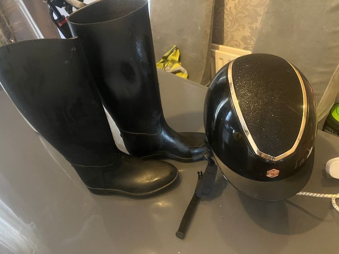 Horse riding helmet and boots