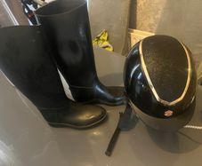 Horse riding helmet and boots