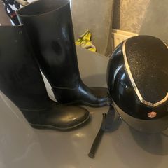 Horse riding helmet and boots