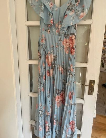 blue floral pleated maxi dress