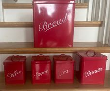 Vintage style bread & biscuit tins with tea, coffee & sugar tins