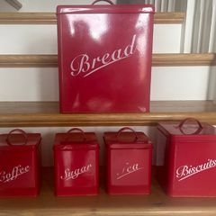 Vintage style bread & biscuit tins with tea, coffee & sugar tins