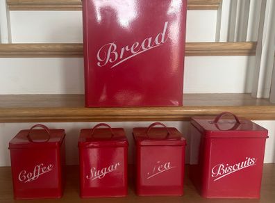 Vintage style bread & biscuit tins with tea, coffee & sugar tins