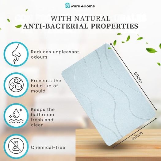 Stone Bath Mat Non Slip & Anti Mould 60 x 39 cm | Quick Dry Diatomite Shower Drying Stone | Absorbent Diatomaceous Earth Pad | Bathroom Upgrades