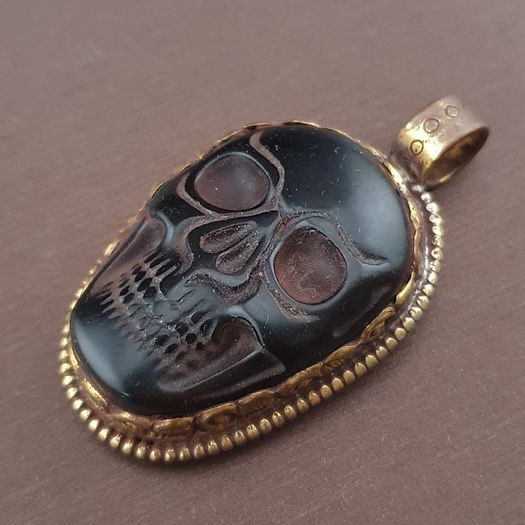Vintage Gold Plated brass Floral Desgin &carved Skull shape Jade Pendant