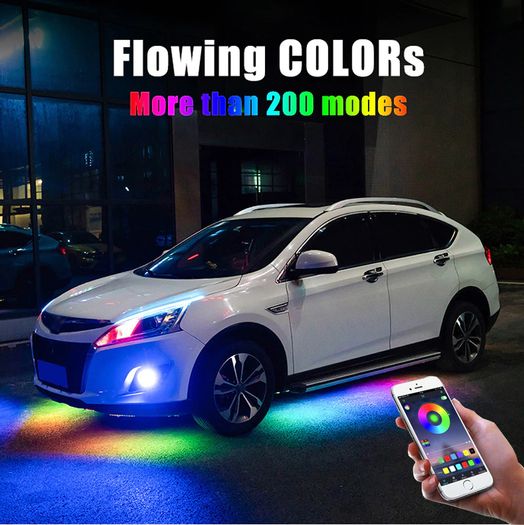 4PCS 12V IP65 Bluetooth App Control Flowing Color RGB LED Strip Under Car 90 120cm Tube Underglow Underbody System Neon Light