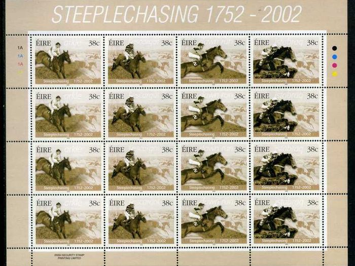 2002 Ireland 250th Anniversary of Irish Horse Steeplechasers Commemorative Stamp Sheetlet Plate 1A1A1A1A Mint Never Hinged (MNH)