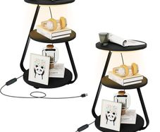Side Table Set of 2, Bedside Small Coffee Table with 3 Color LED Lights, End Table with 3 Tier Storage Shelves for Living Room Bedroom, Black
