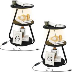 Side Table Set of 2, Bedside Small Coffee Table with 3 Color LED Lights, End Table with 3 Tier Storage Shelves for Living Room Bedroom, Black