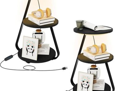 Side Table Set of 2, Bedside Small Coffee Table with 3 Color LED Lights, End Table with 3 Tier Storage Shelves for Living Room Bedroom, Black