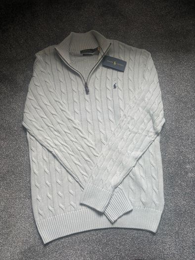 Ralph Lauren Light Grey Cable Knit Quarter Zip, Size XL Men's