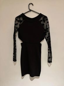 Black Cut Out Mini Dress with Mesh Polka Dot Sleeves S 36 8