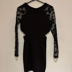 Black Cut Out Mini Dress with Mesh Polka Dot Sleeves S 36 8