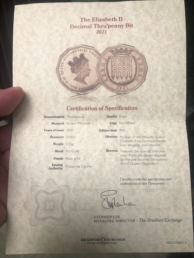 Proof 2021 9ct Rose Gold Elizabeth II Threepence With COA
